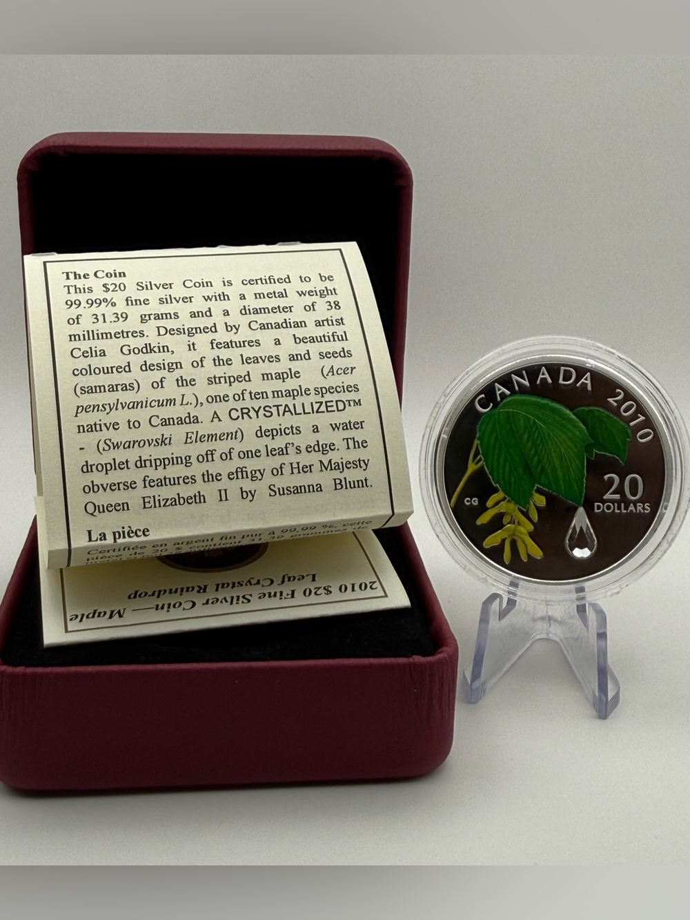 2010 Royal Canadian Mint Striped Maple Crystal Raindrop Silver Proof Coin COA